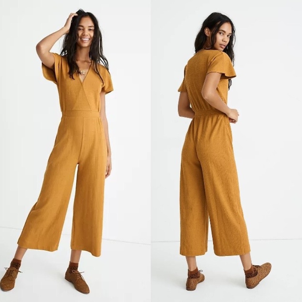 Madewell Texture & Thread Wide-Leg Wrap Jumpsuit, mustard, size M